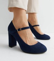 New Look Wide Fit Navy Suedette Block Heel Mary Jane Shoes